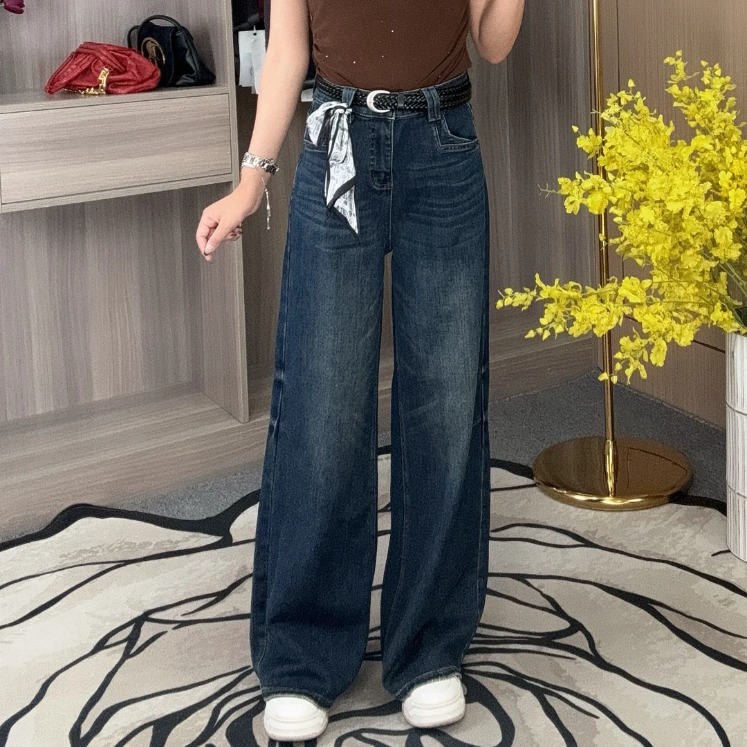 时尚百搭休闲复古设计感高腰直筒阔腿裤69636款牛仔裤子