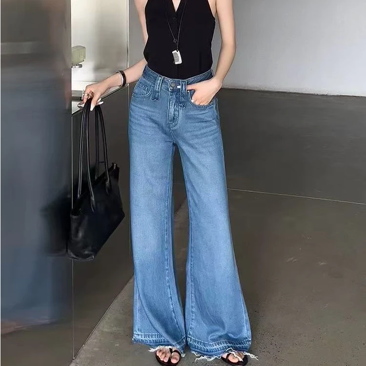 B-04【厚】复古蓝高腰破洞牛仔女夏薄款显瘦阔腿宽松直筒拖地裤