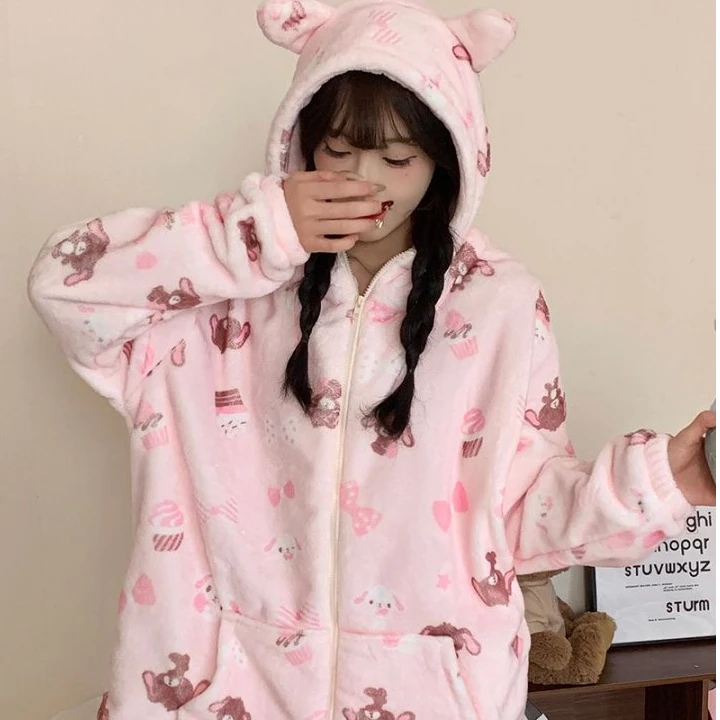 法兰绒秋冬季睡衣女卡通可爱连帽长袖长裤套装超甜日系家居服套装