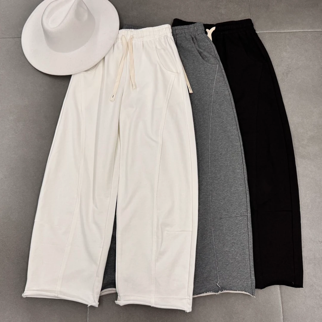 定制春款！毛边拼接阔腿卫裤抽绳松紧腰 慵懒风裤子25-9106