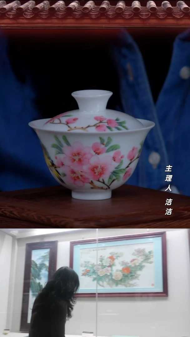 瓷片景德镇陶瓷手绘水点桃花两才盖碗