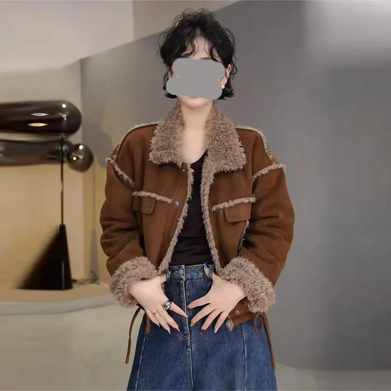 “焦糖可可”2025冬季新款气质下摆抽绳时尚百搭单排扣翻领棉服外套