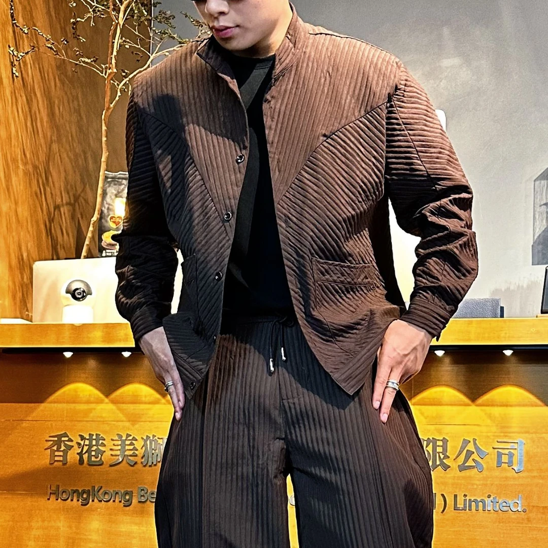 [现货]2025H·K美狮潮牌秋季新中式衬衫时尚纯色立领条纹休闲外套