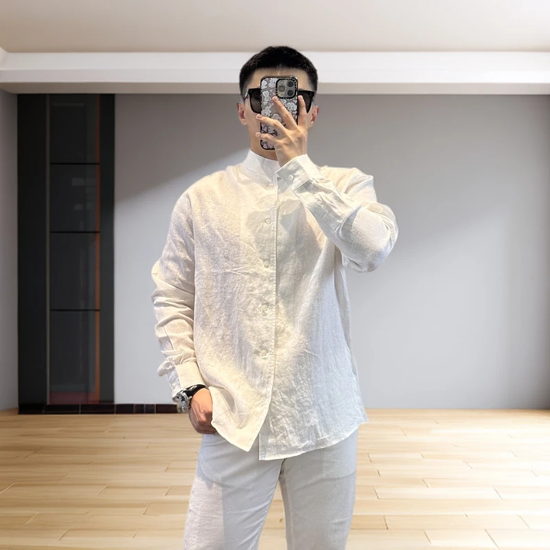 <古帝特尼>“亚麻纯色“春夏季新款男士潮流舒适百搭立领衬衫DC-009