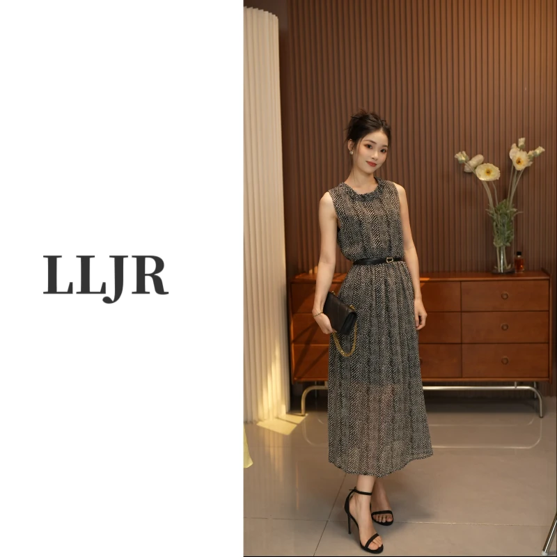 【洪臻】优雅圆领显瘦夏季无袖连衣裙印花修身时尚D852