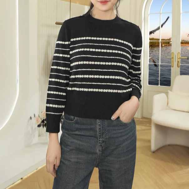 川禾织衣 秋冬条纹提花100%纯天丝长袖洋气显瘦百搭打底针织小衫