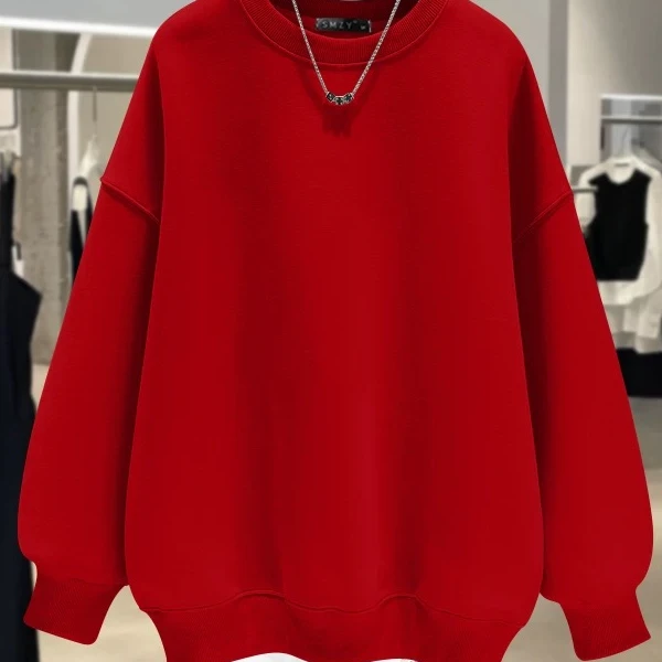 （61-120）春秋长袖百搭宽松加厚加绒圆领休闲休闲情侣红色学生ins