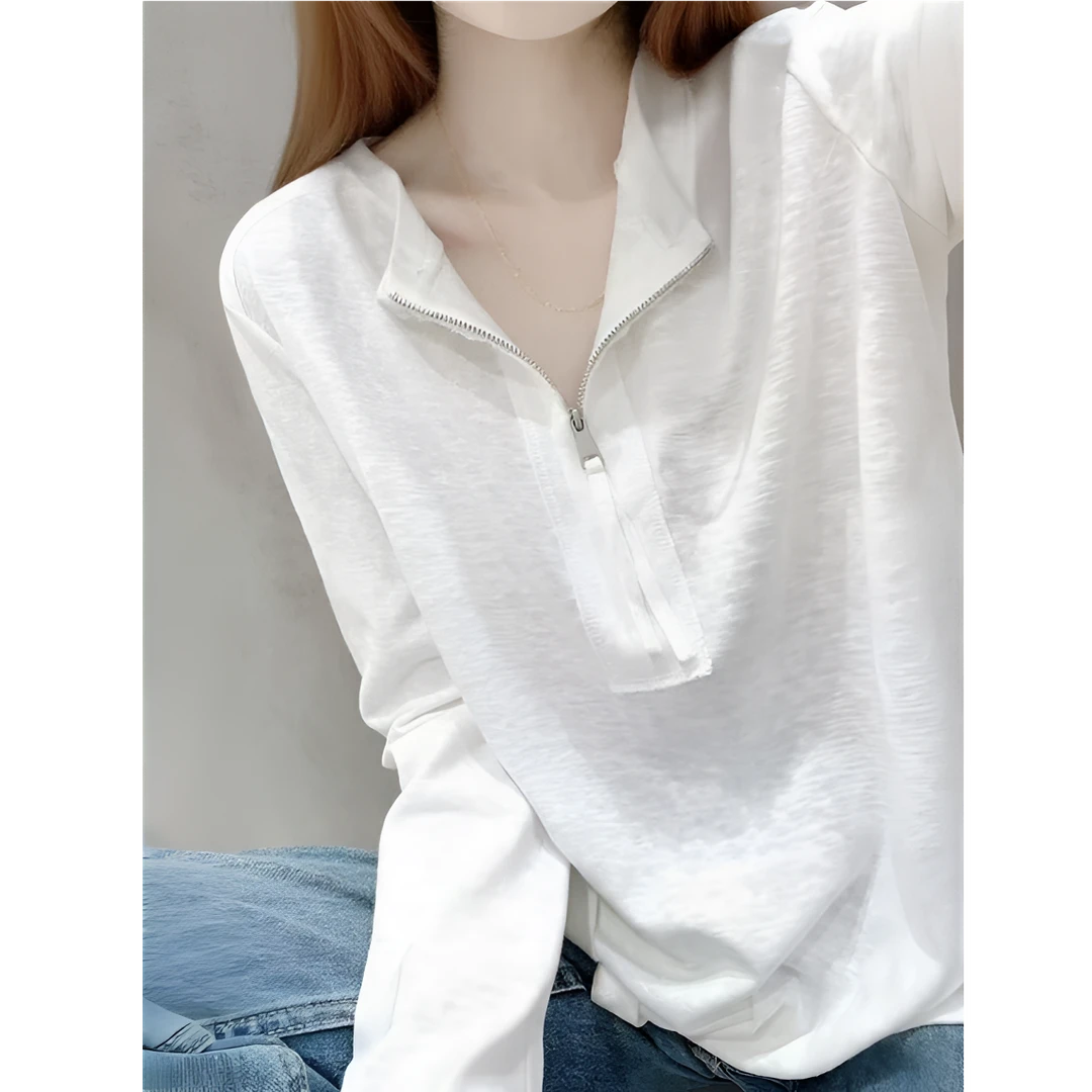 简约纯色圆领半拉链长袖t恤女春秋季雪花棉肌理感下摆开叉上衣