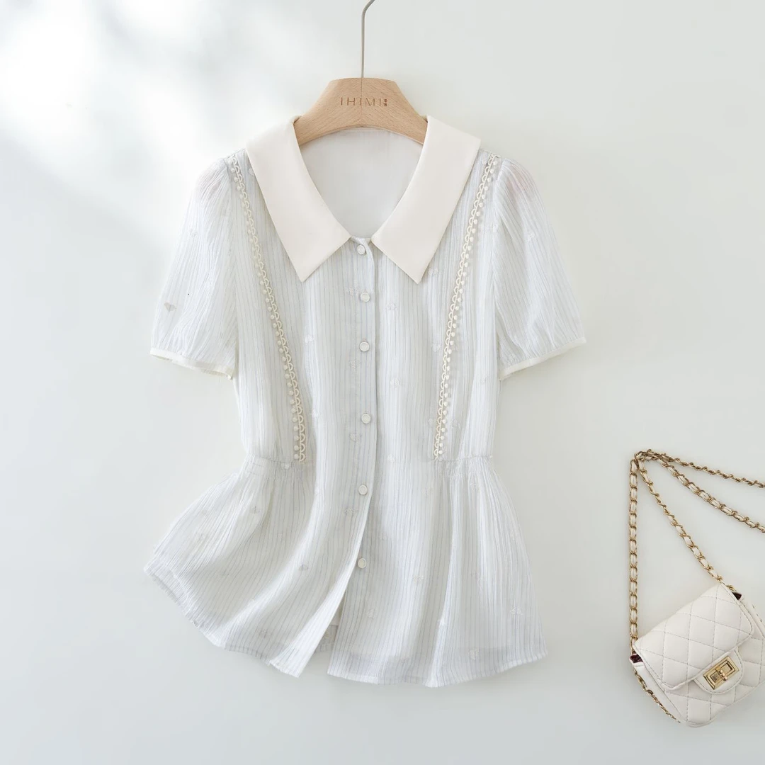 IHIMI/海谧【白日梦】2025年夏季新款女装时尚拼接蕾丝花边衬衫上衣