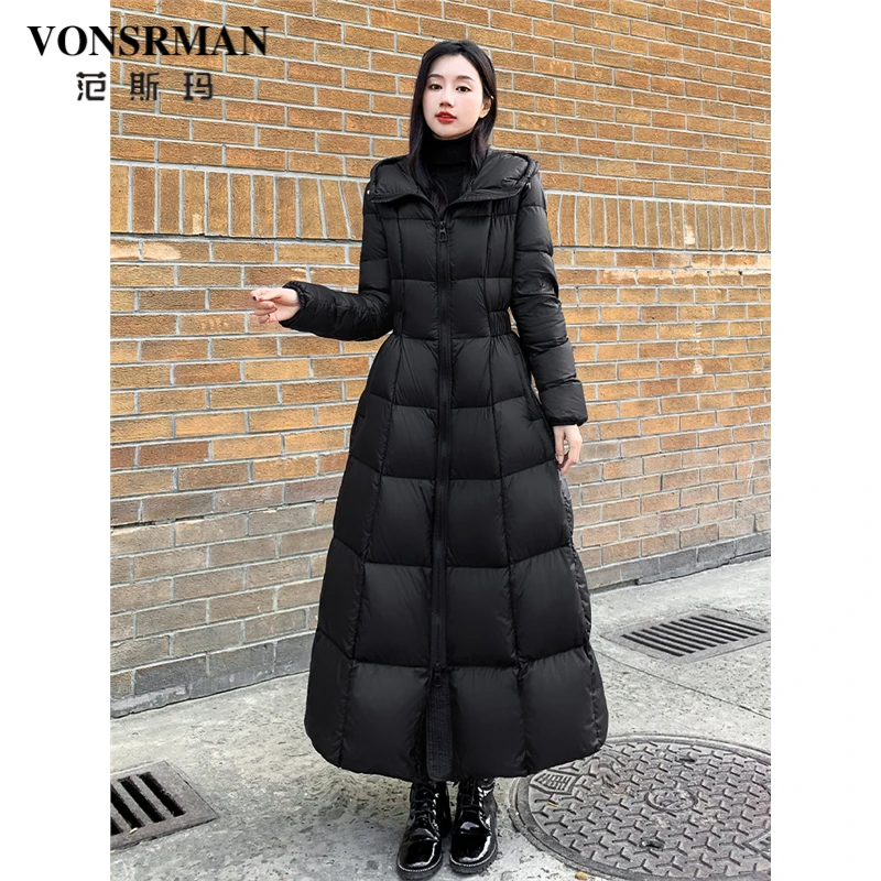 高端气质长款羽绒服女冬季2025新款时尚连帽收腰加厚保暖鹅绒大衣
