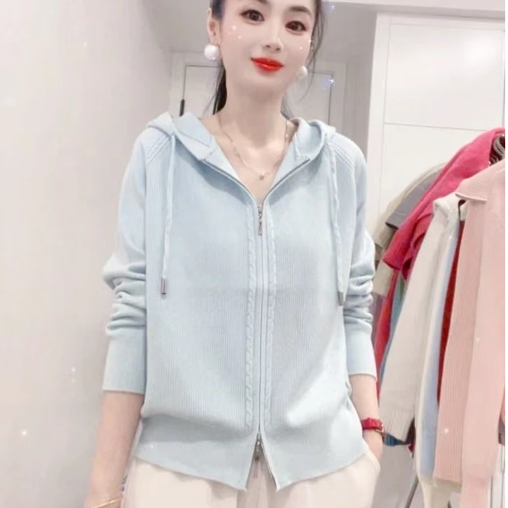 155常规款通勤拉链连帽春季网红运动纯色休闲女装毛针织衫薄款