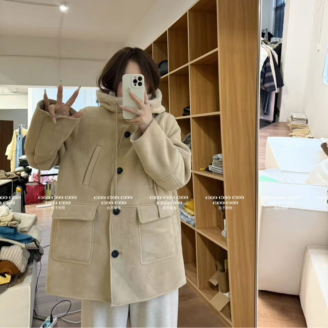 【吃不饱饱】大码 伊顿公学 皮毛一体单排扣麂皮毛毛外套休闲6135