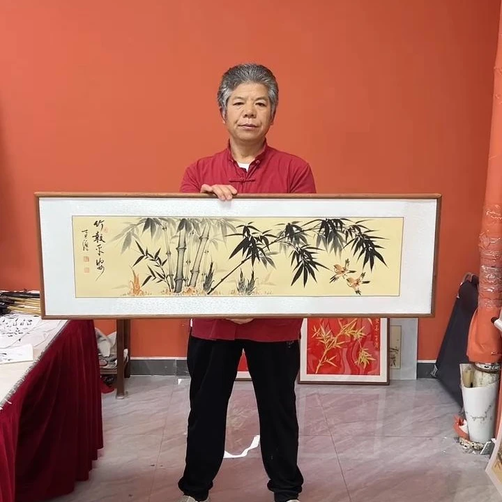 张富民手绘作品/竹报平安（乌檀木外框）/古宣/122*40cm左右/