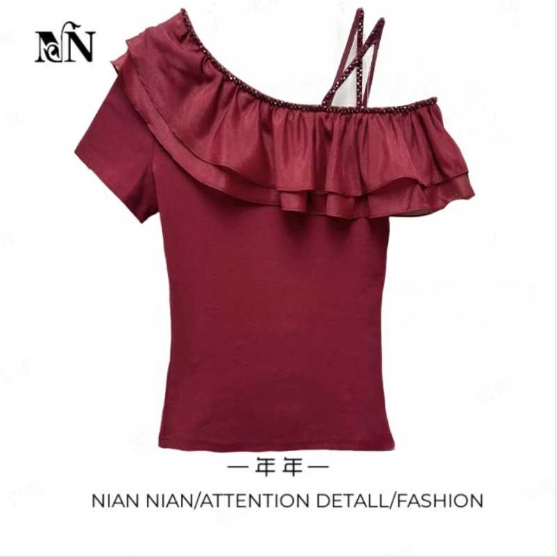 〖香颂妲己〗年年2025夏季新款气质钉珠短袖一字领露肩荷叶边上衣