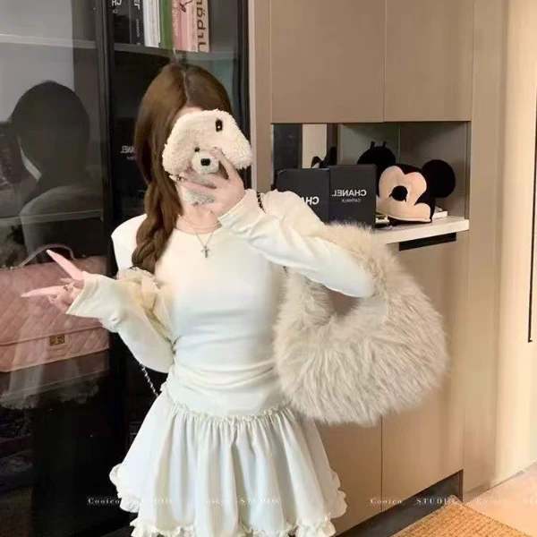 小鑫【藏不住】甜美柔软撞色花褶下摆修身显瘦叠穿打底长袖连衣裙女