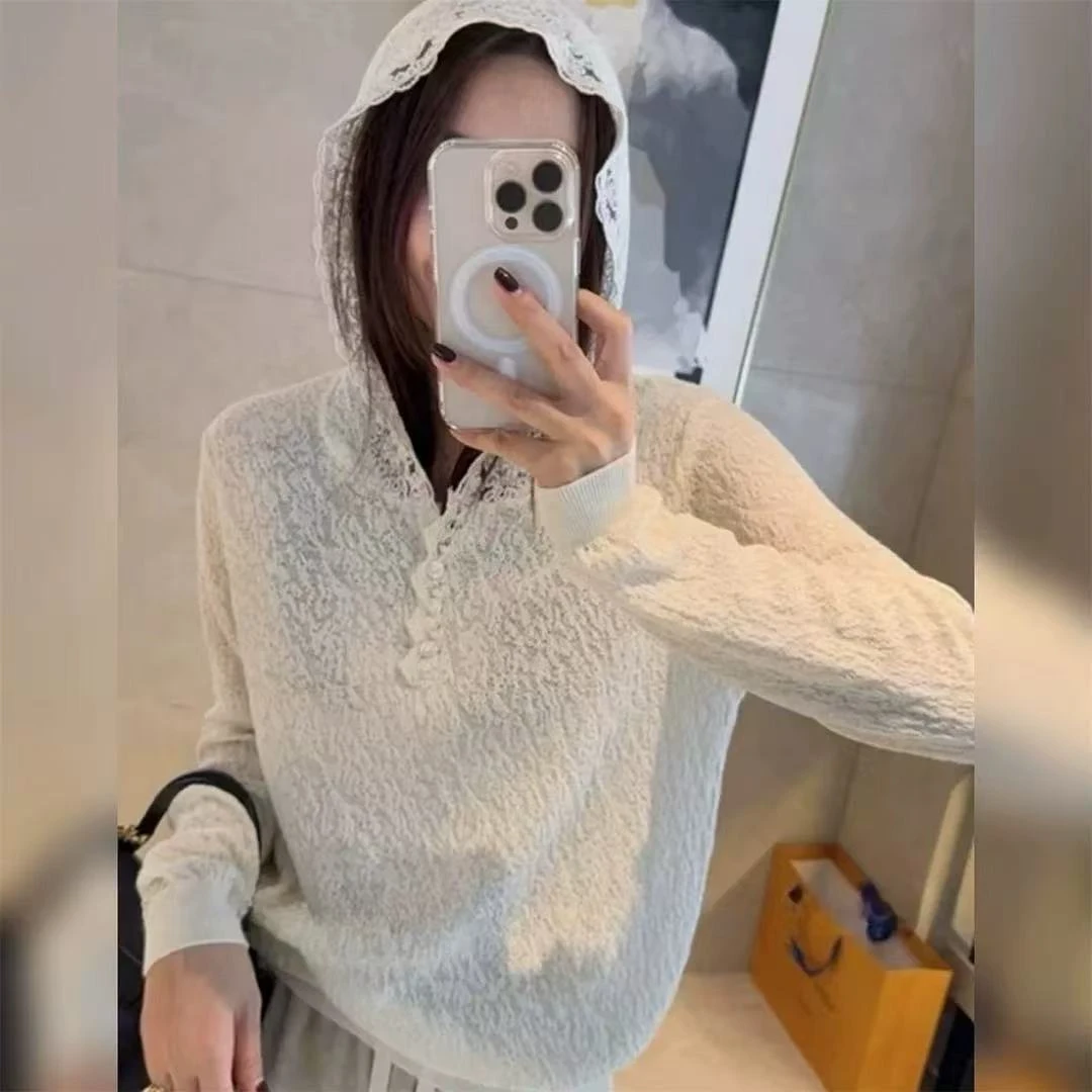 秋冬新款混纺欧根纱蕾丝连帽套头时尚百搭针织套头上衣女1014-1