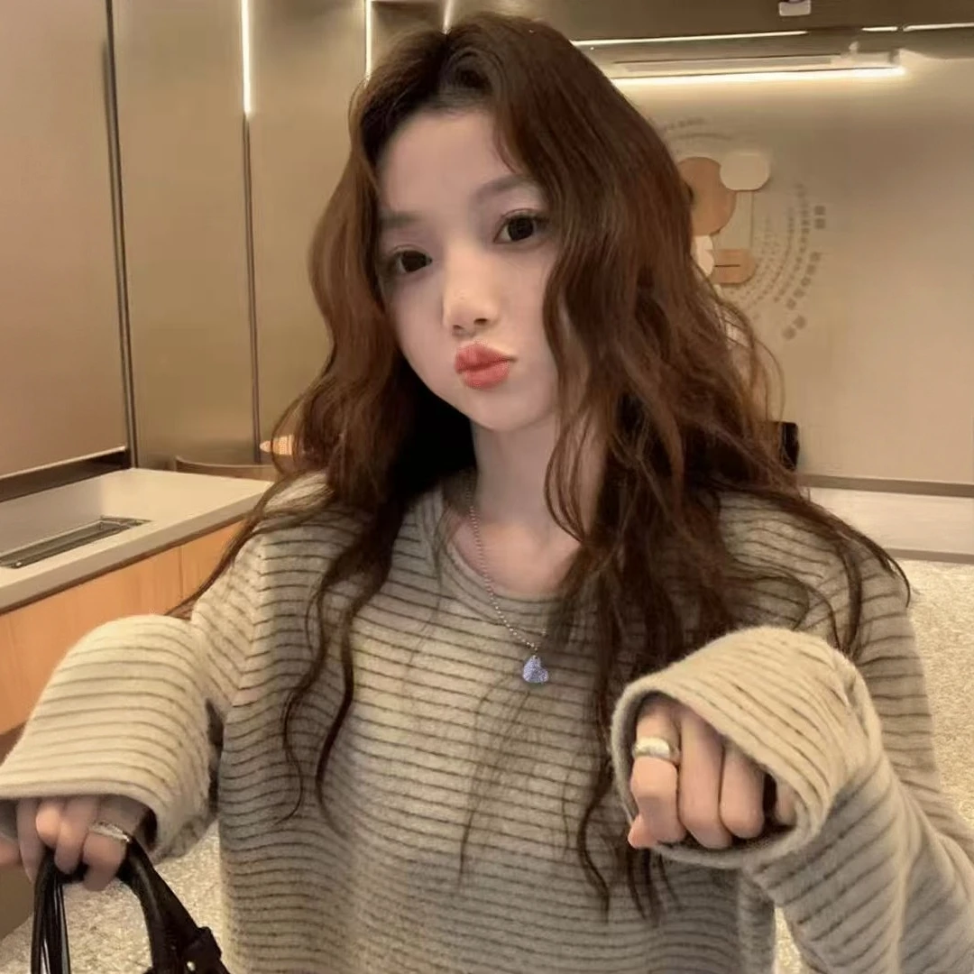 仿兔绒韩系条纹圆领女秋季宽松大码T恤显瘦慵懒风休闲上衣打底