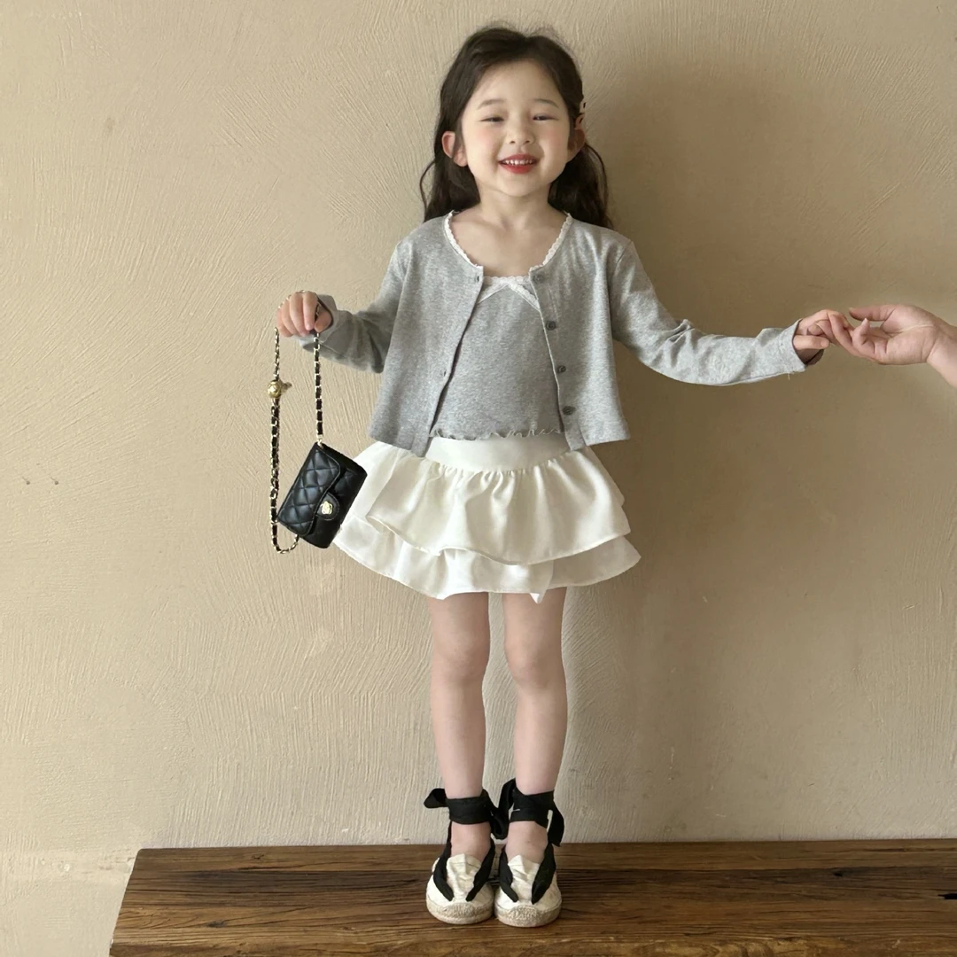 韩国童装2025春季新款女童套装儿童韩系甜美开衫蛋糕半身裙两件套