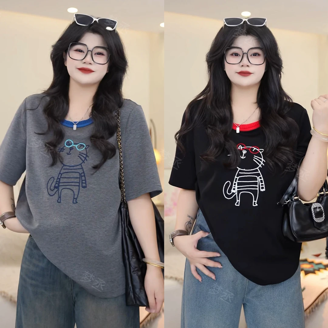 梦丞【简笔画】大码女装可爱显瘦百搭撞色眼镜小猫刺绣开叉短袖T恤