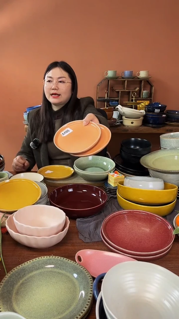 【闪购商品】碗A488陶瓷碗橘色盘2件套微瑕
