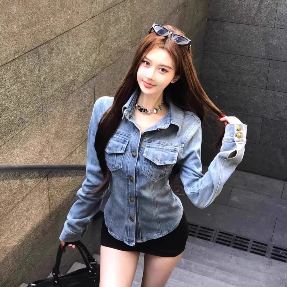 复古水洗做旧蓝色翻领牛仔衬衫女装2025新款春季修身显瘦百搭上衣