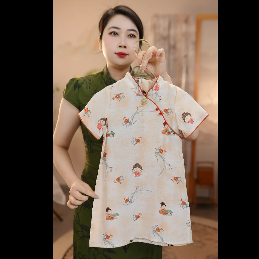 F仕女图#夏季汉元素儿童背心女童夏款古风旗袍空调服中式旗袍裙