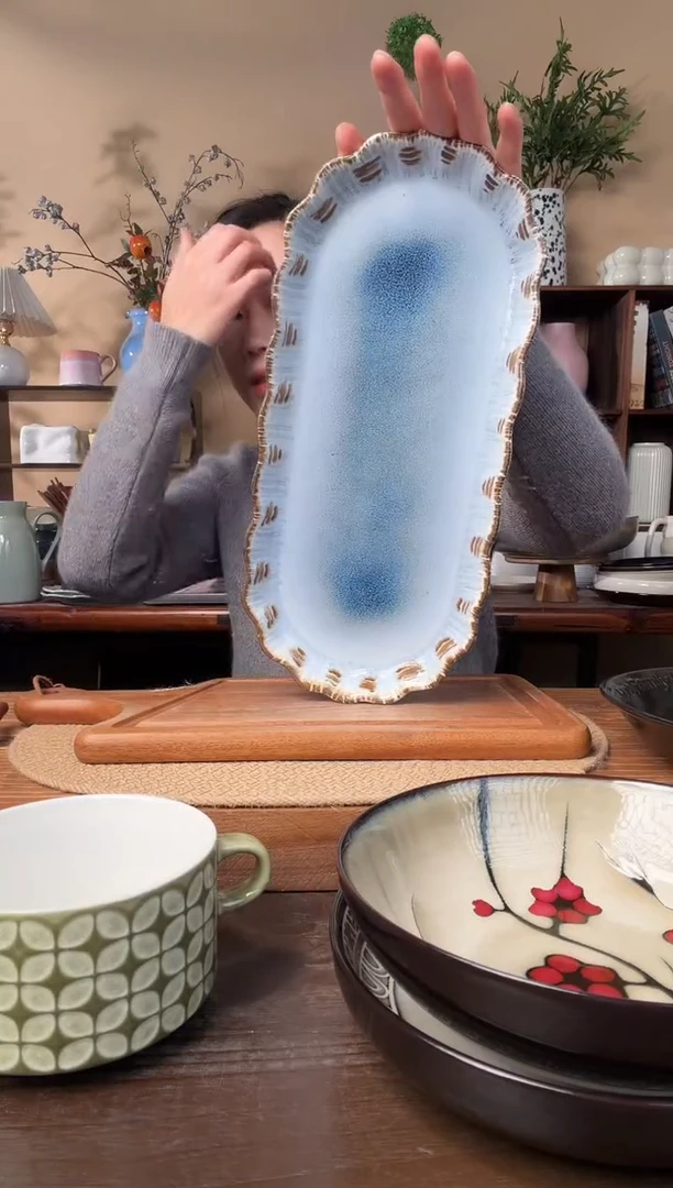 14英寸窑变做旧花边鱼盘微瑕