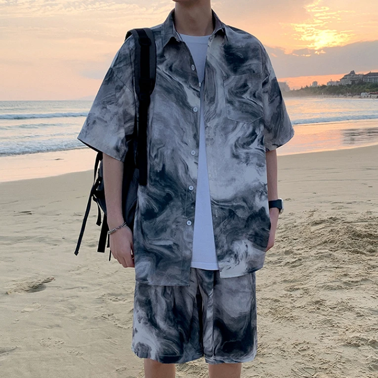 复古水墨风衬衫男夏威夷度假三亚夏季衬衣短裤两件套大码宽松套装