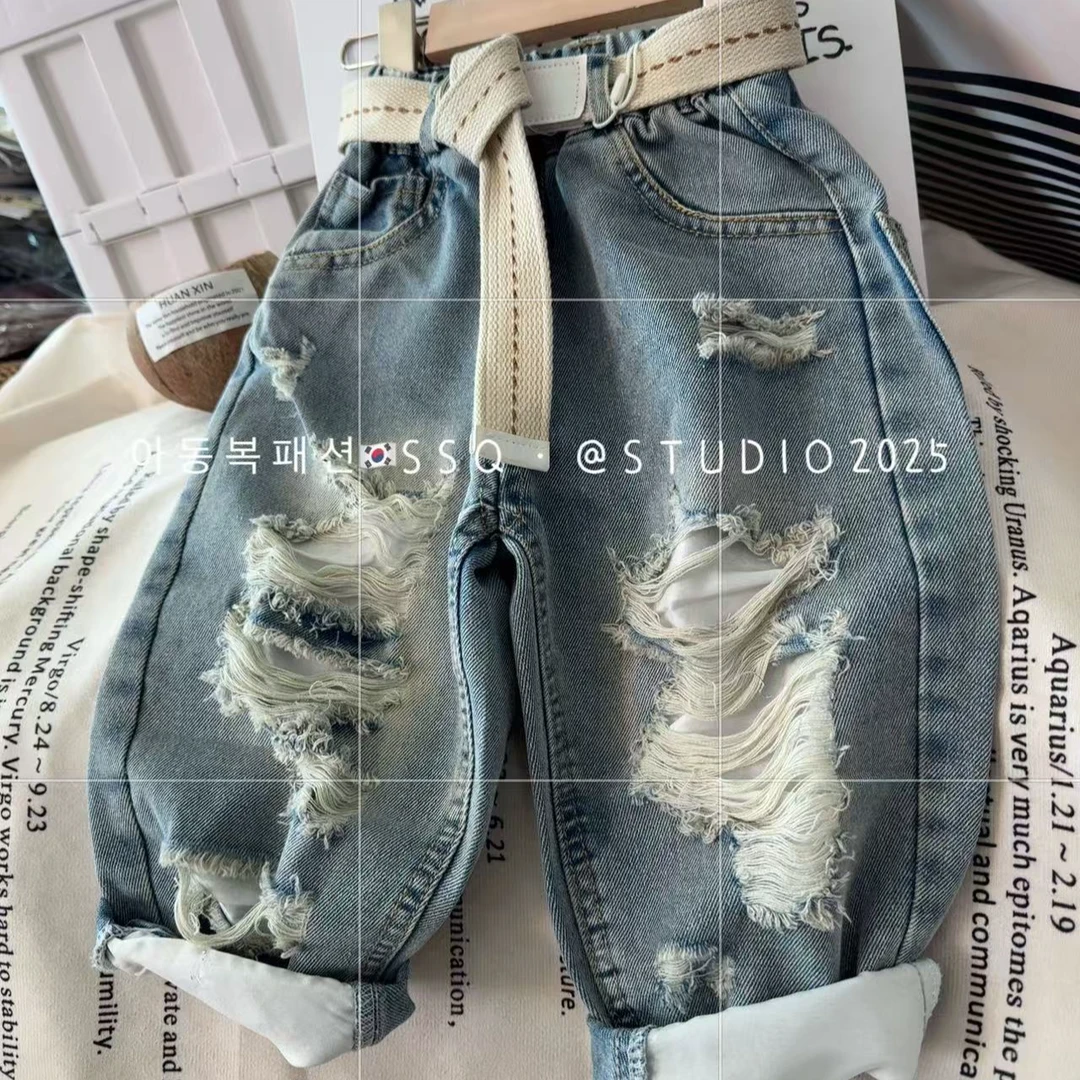 爆款！韩国大破洞牛仔裤设计师版个性裤脚翻白牛仔裤SSQ004