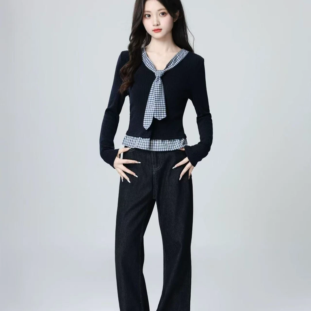 2655法式假两件长袖T恤女2026春秋新款格子拼接V领短款上衣