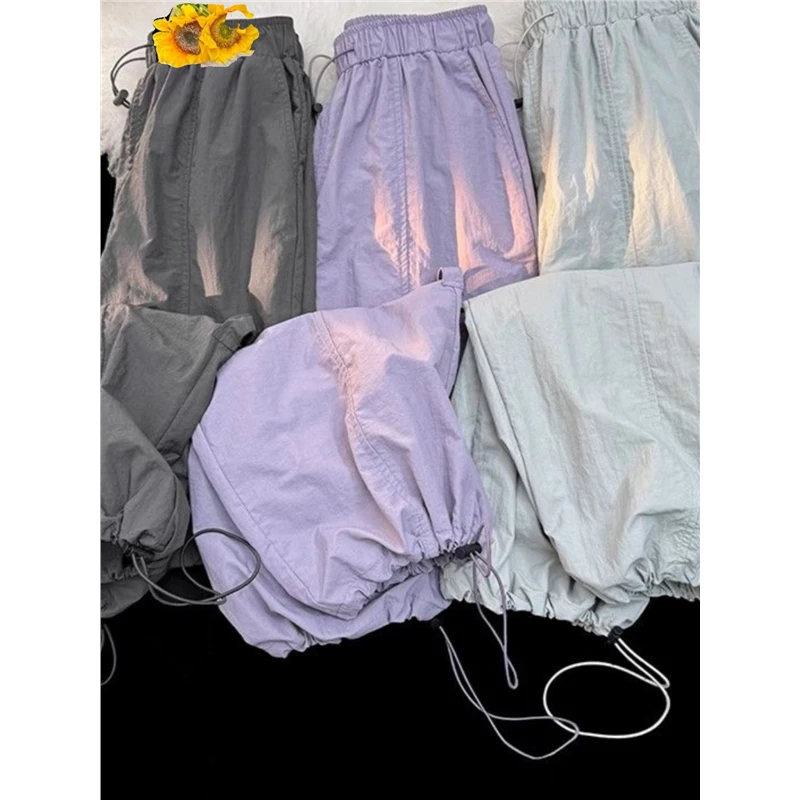 夏季薄款300斤特大码速干抽绳束脚裤男女垂感慵懒拼接运动工装裤