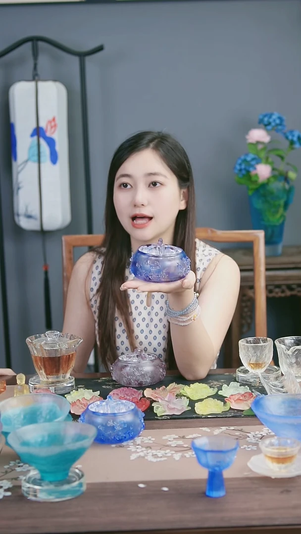 琉璃手工艺品古法琉璃蓝紫色梅花雕花香炉
