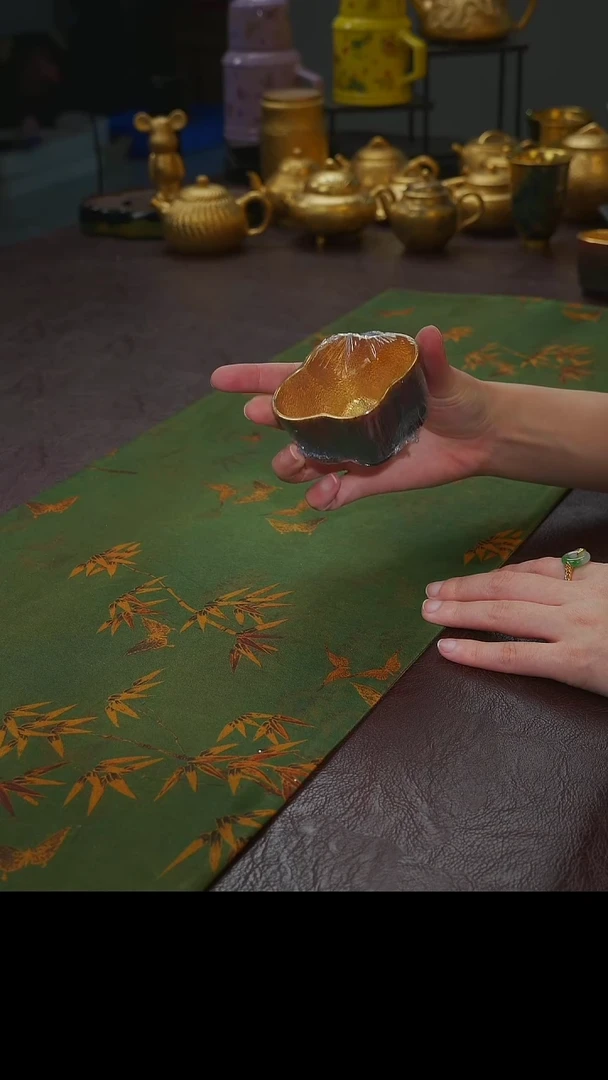 茶杯紫砂【宜景窑天目釉青釉鎏金系列】海棠