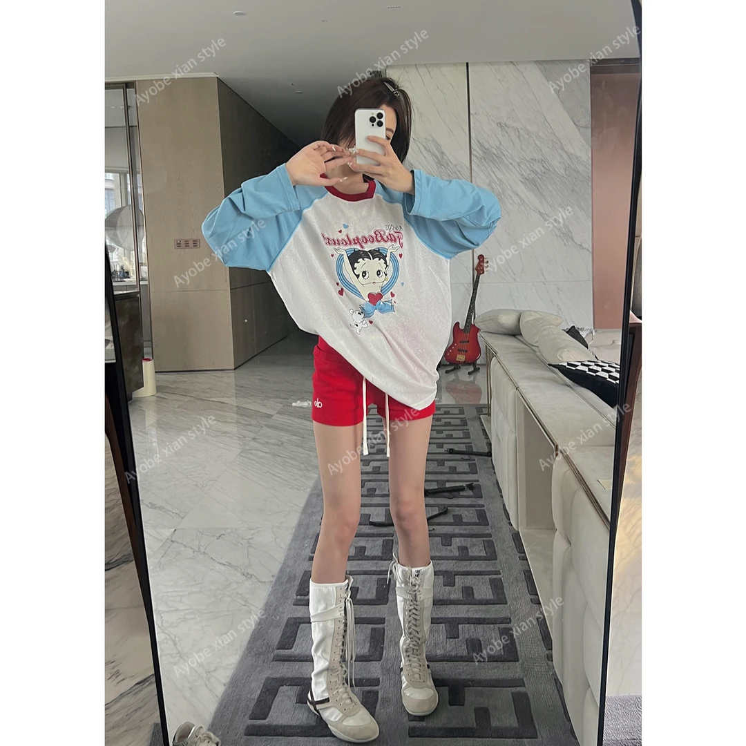 AYOBE小贤/童话小镇  时尚高级ins拼接长袖图案T恤夏装短袖时尚