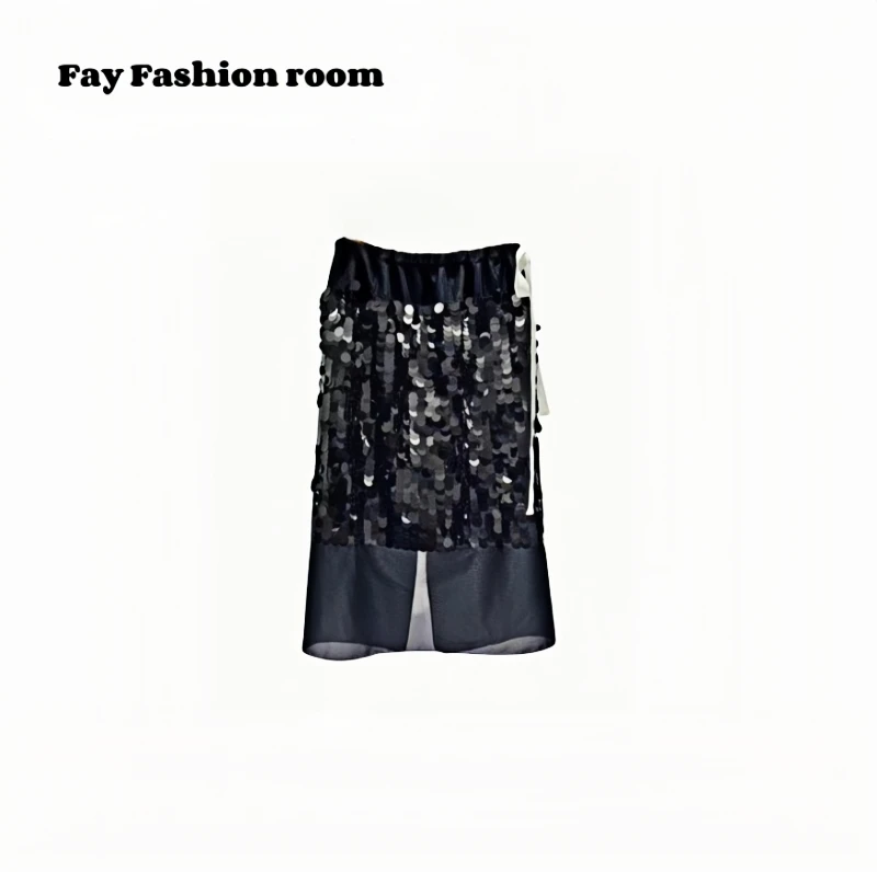 FAY | 人鱼公主珠片铺排高腰H系带开叉亮片半裙