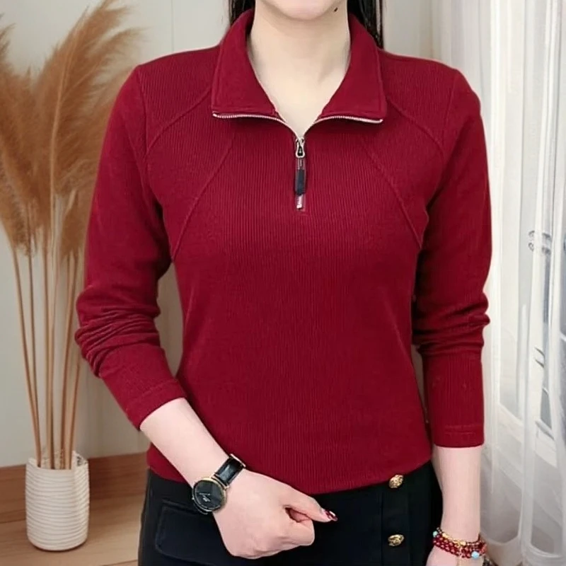 春季上新女士上衣时尚洋气拉链半开领女装长袖百搭休闲显瘦打底衫