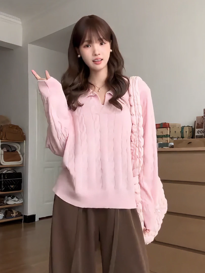 韩系氛围感翻领麻花毛衣女秋冬季宽松显瘦百搭减龄针织衫K1-79