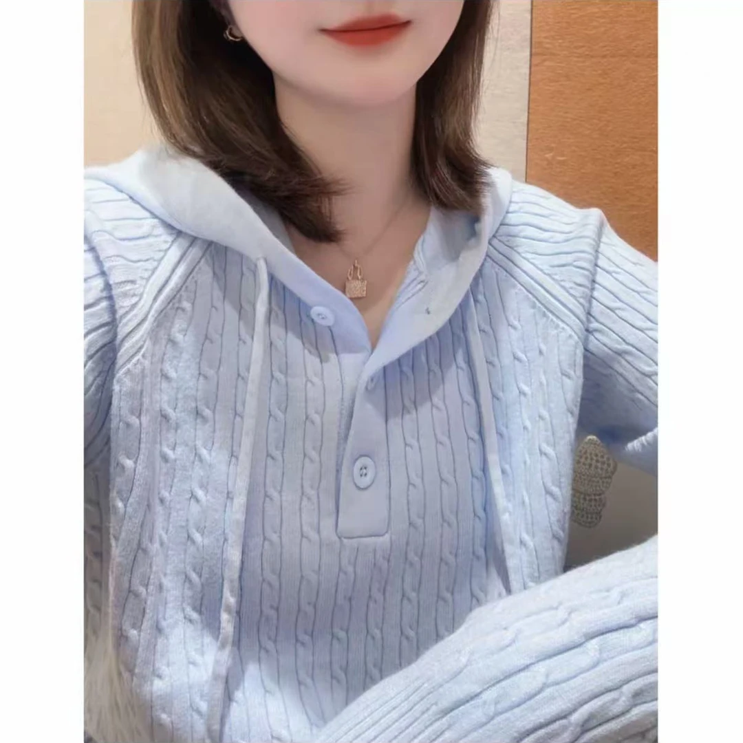 长袖麻花连帽针织打底外穿保暖帽衫减龄百搭毛衣宽松上衣K1-45