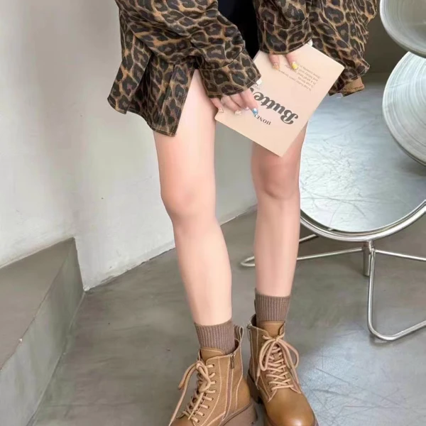 厚底增高女英伦风短靴2024年冬季新款复古粗跟短靴系带女靴06-335