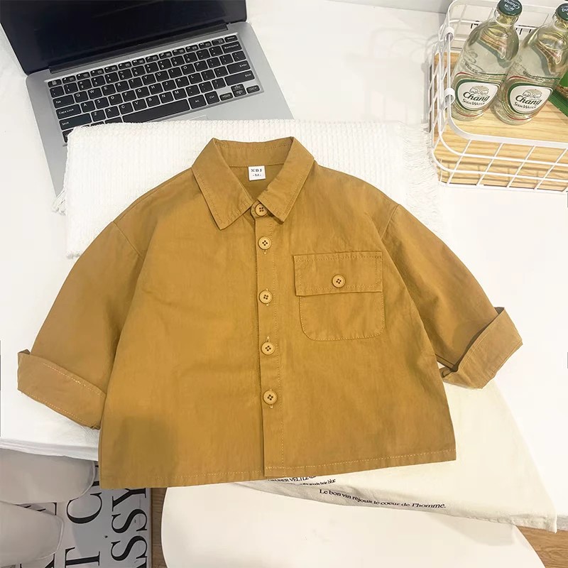 男童衬衫春款2025新款儿童洋气韩系时尚衬衣宝宝痞帅宽松卡其上衣