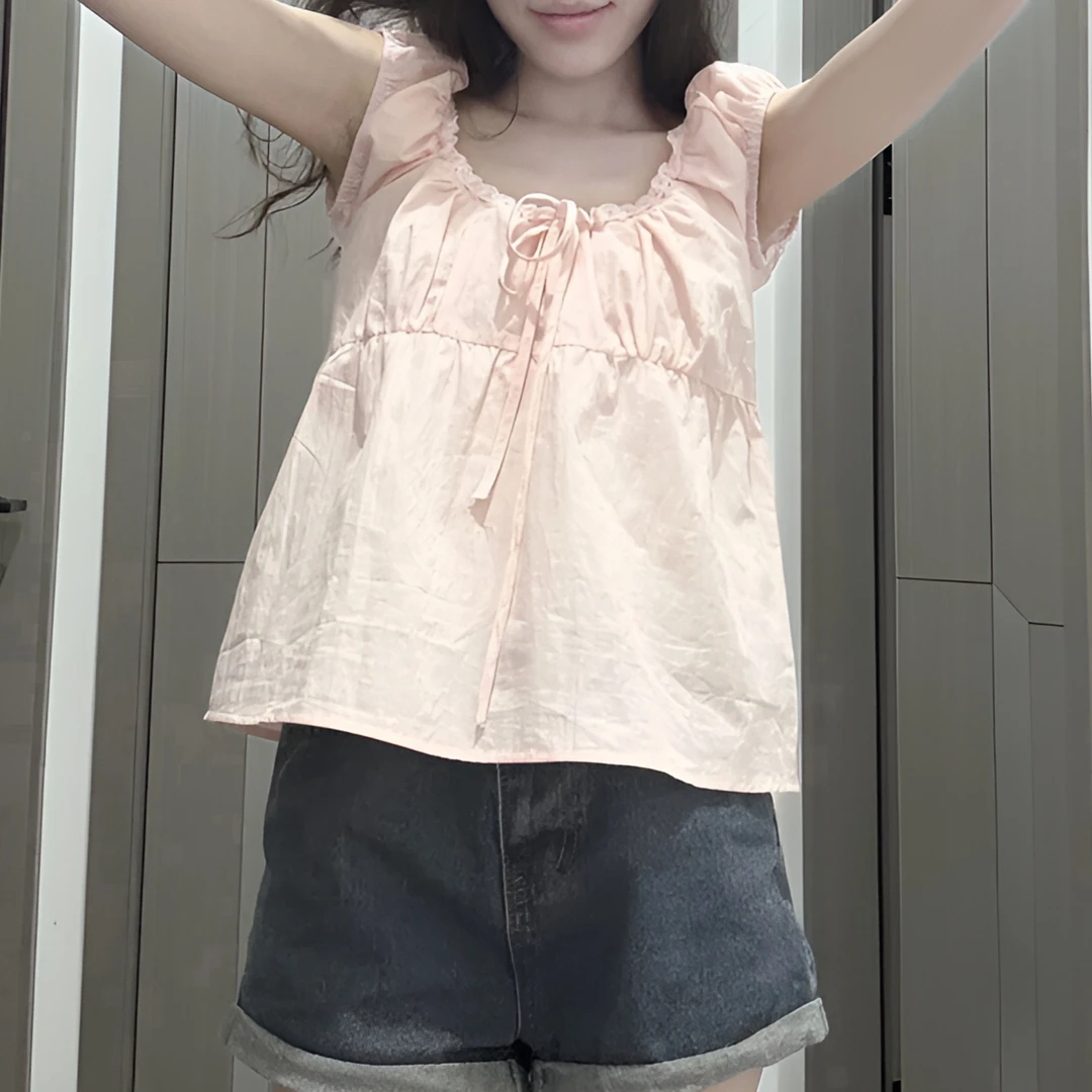 背心女性感花边系带蝴蝶结2025夏季新款宽松百搭收腰无袖上衣