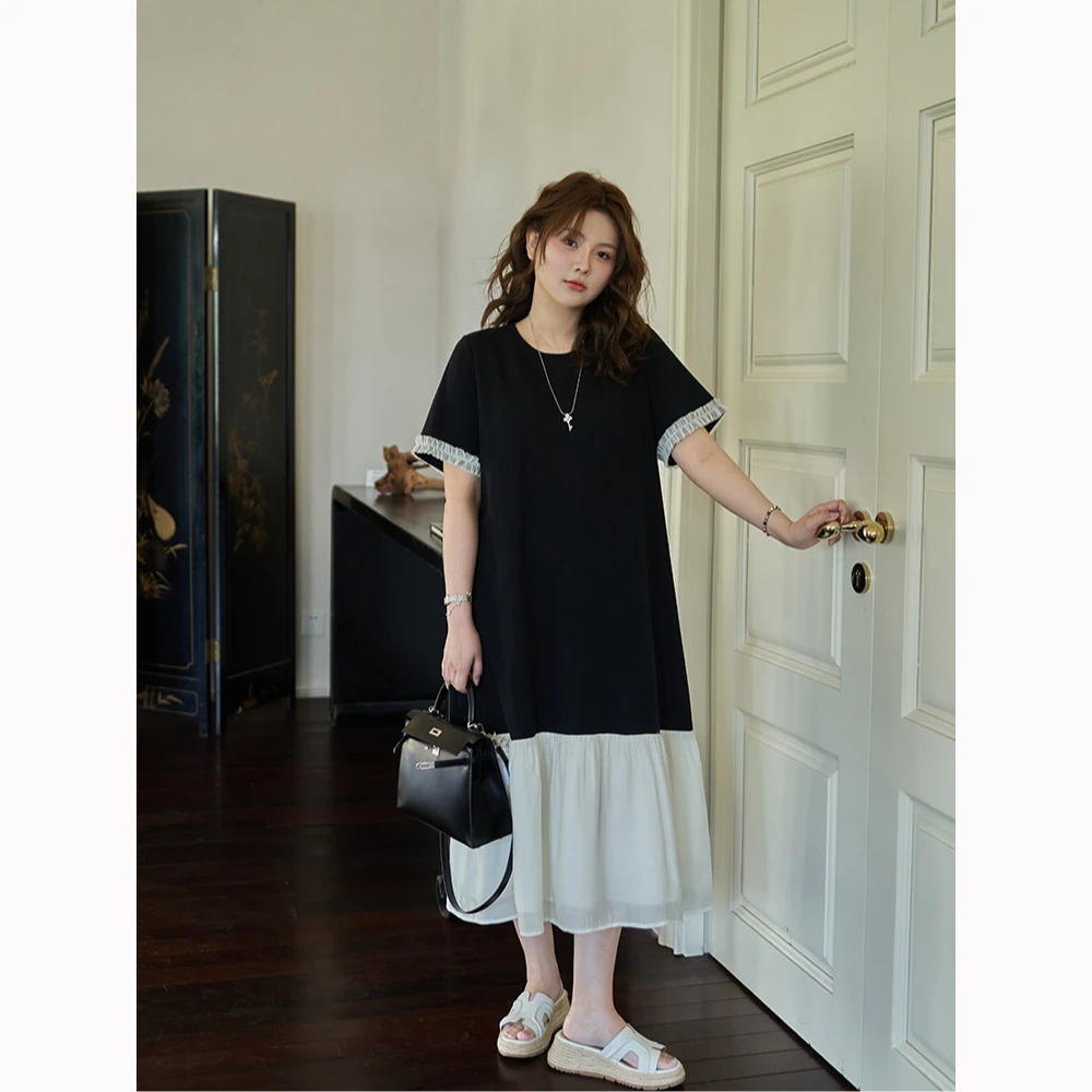 大码女装撞色拼接长款连衣裙2025夏季胖mm遮肉显瘦直筒裙子