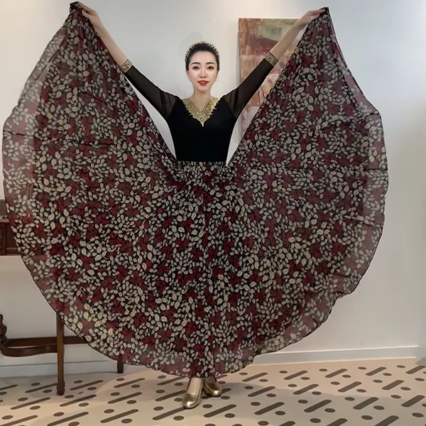 A《三叶邃蓝》弹力网纱满铺花时尚百搭中长款半身裙/720°大摆带内衬