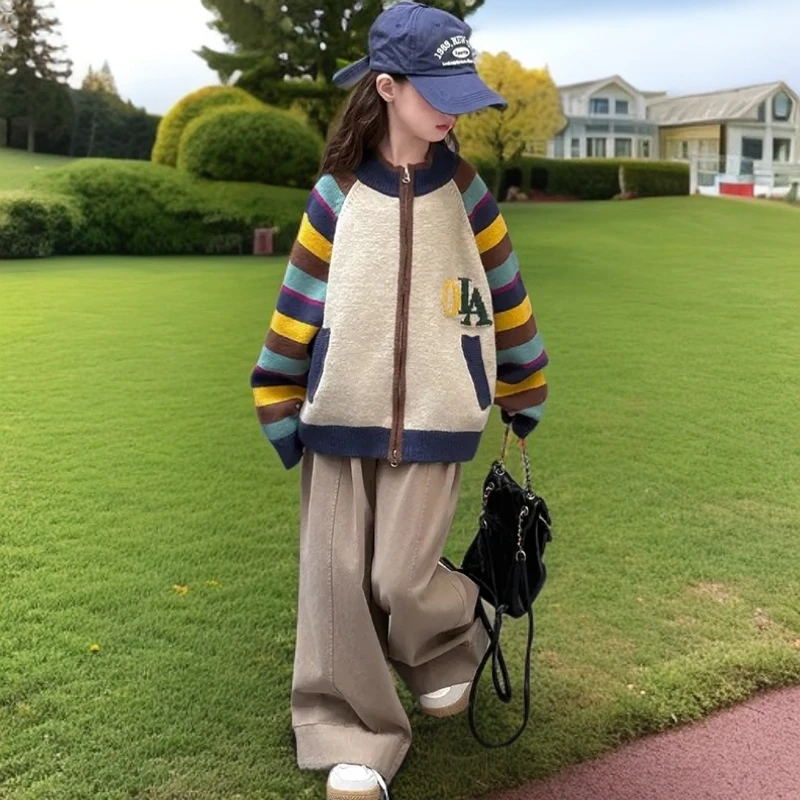 D女童外套春秋装毛衣2025新款中大童韩版撞色洋气棒球服儿童针织