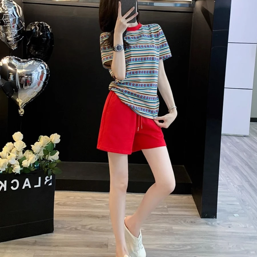 减龄洋气条纹短袖运动套装女夏2025休闲短裤两件套宽松时尚跑步服
