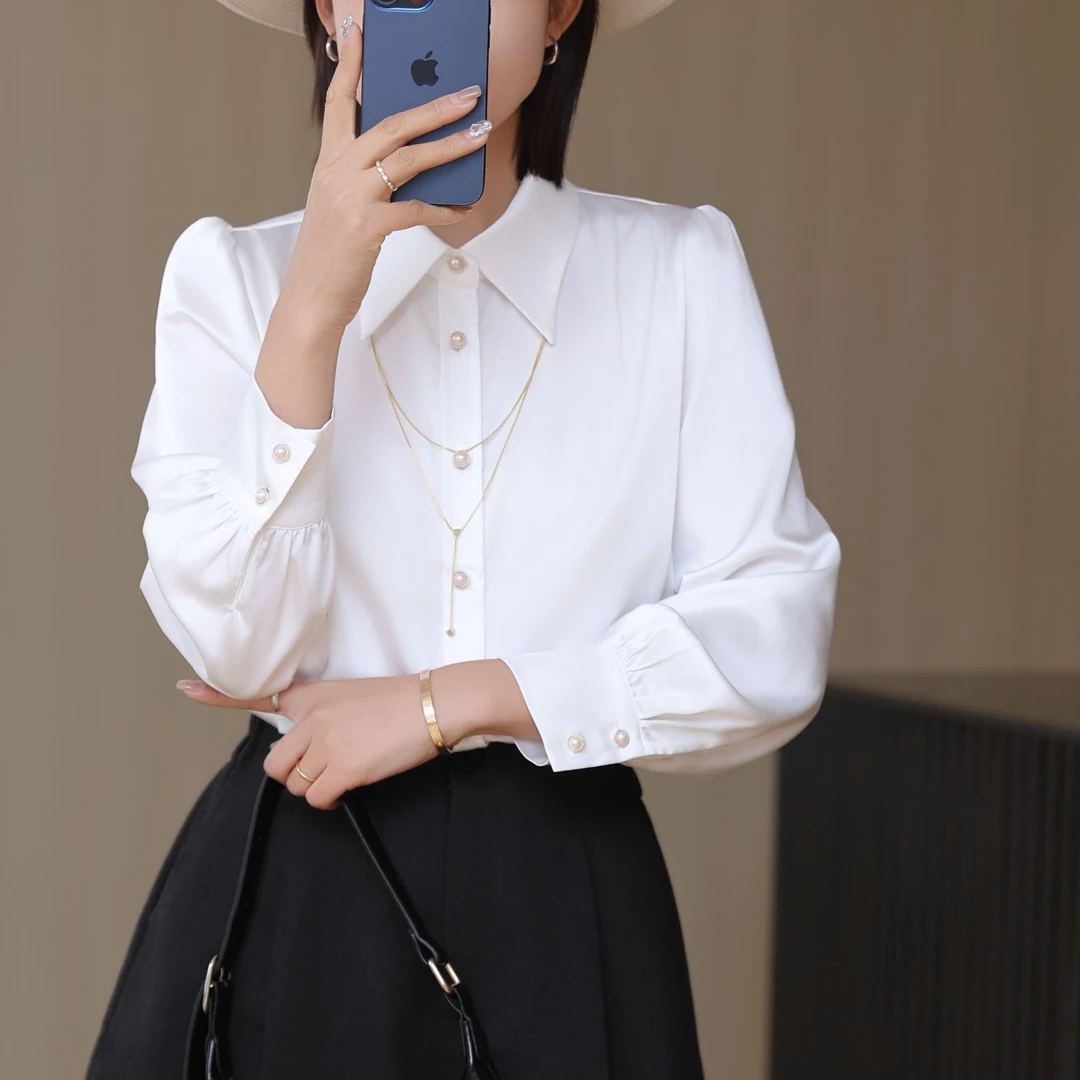 长袖修身型显瘦立领褶皱衬衫白色百搭春秋四季青内搭女士洋气