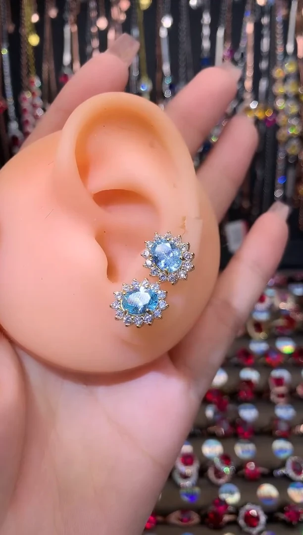 【闪购商品】海蓝宝石耳坠银S925镶嵌6.8金