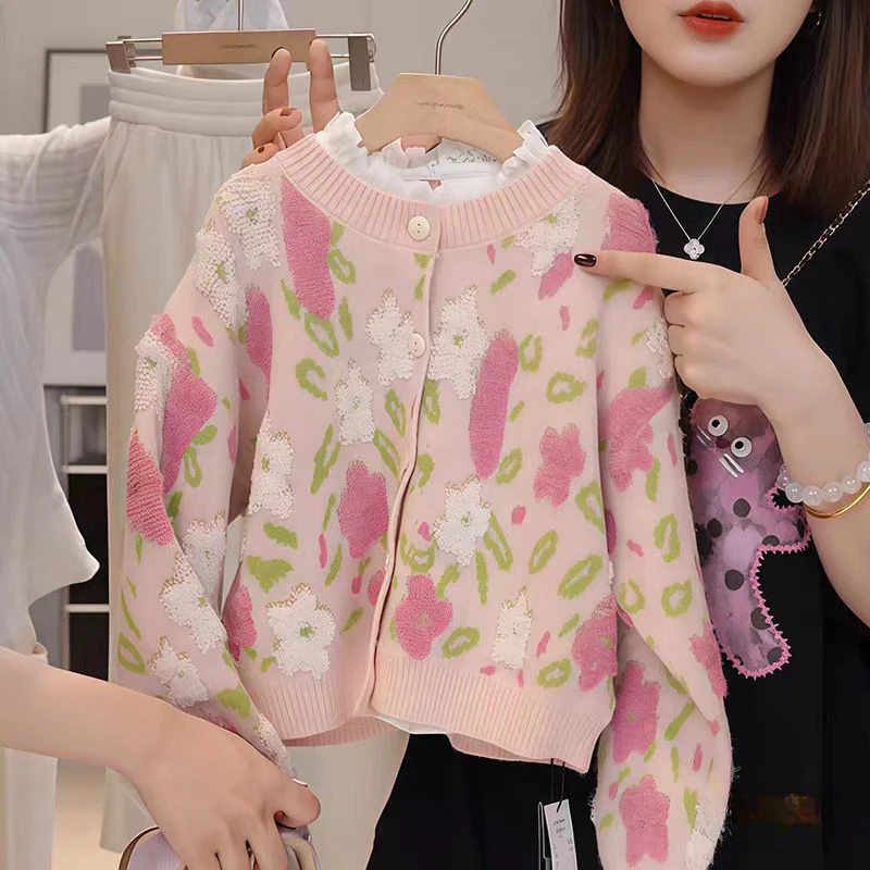 女童装开衫毛衣春秋装2025新款针织外套甜美风慵懒洋气上衣打底衫