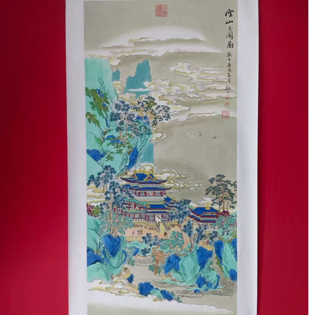 李新社-手绘宣纸六尺竖幅云山玉阁图-山水画