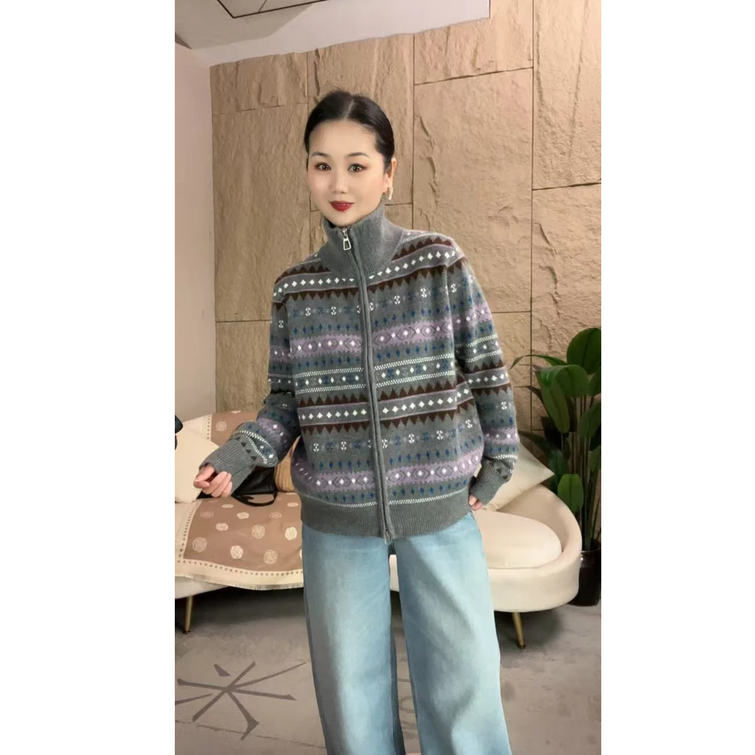 复古费尔岛羊-毛开衫加厚双拉链洋气高级毛衣（Y-51224款）